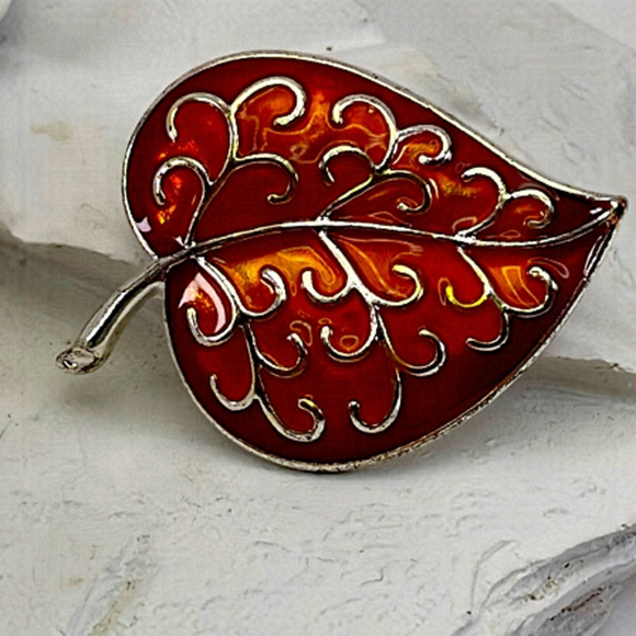 Leaf Brooch Orange Enamel Silver Tone - Picture 7 of 7